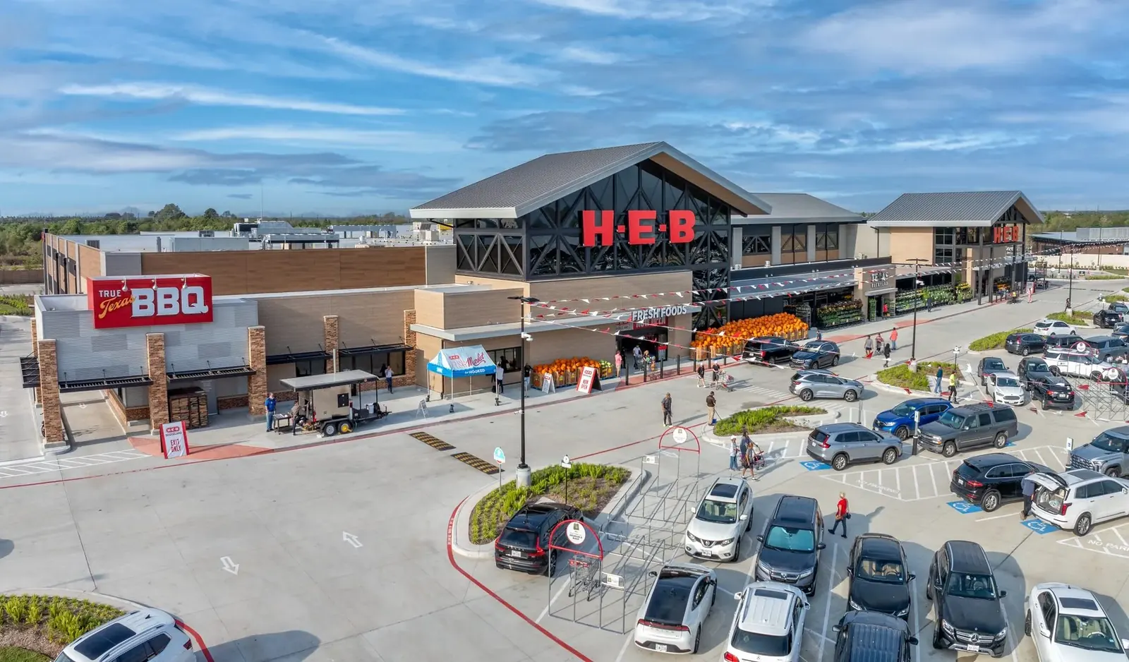 Aerial of the Bridgeland H-E-B and True Texas BBQ on opening day